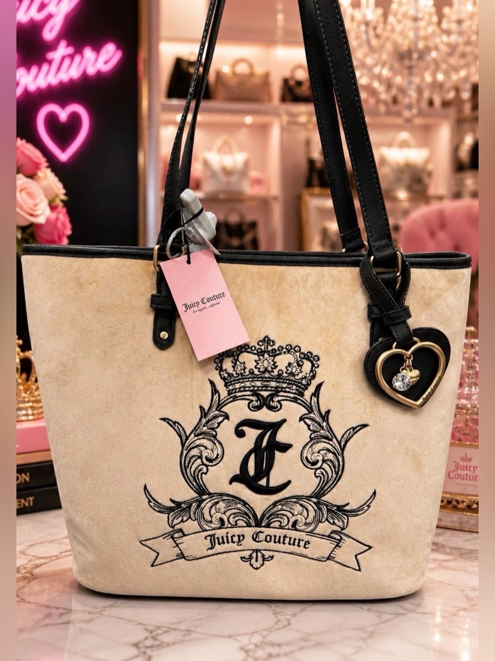 Juicy Couture Beige Suede-Look Tote with Black Trim and Heart Charm
